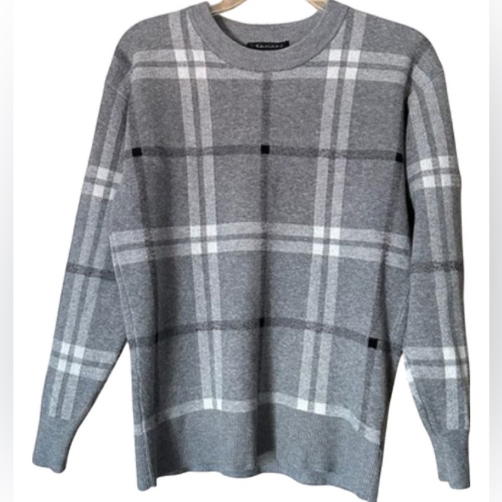 TAHARI Gray Windowpane Pattern Crew Neck Knit Sweater- Size Small